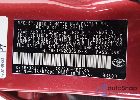 2012 Toyota Camry Se z USA, uszkodzony, nr VIN 4T1BF1FK2CU550248